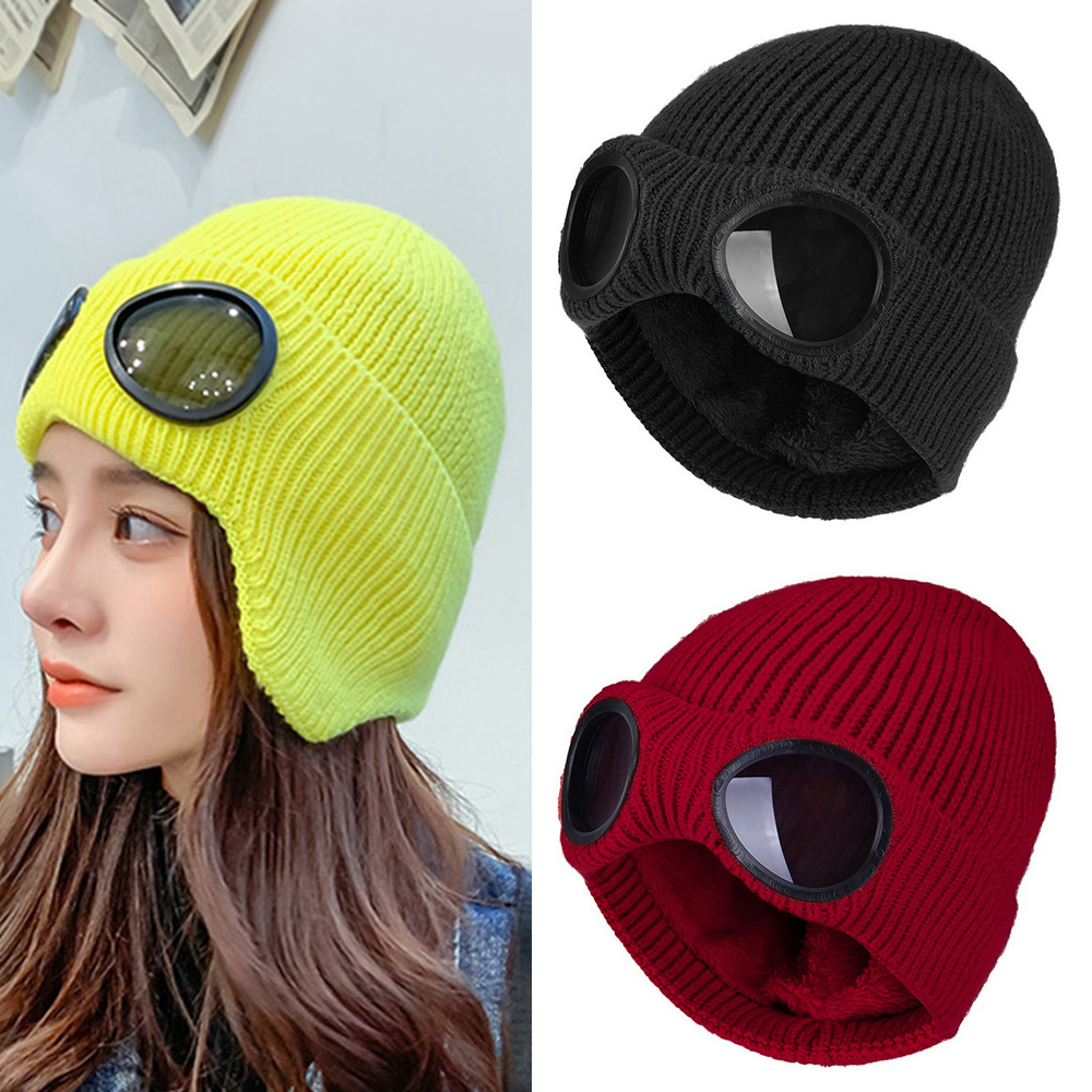 2022 Korean Autumn and Winter New Pilot Glasses Woolen Cap Thick Warm Outdoor All-Matching Knitted Earflaps Cap hats for women